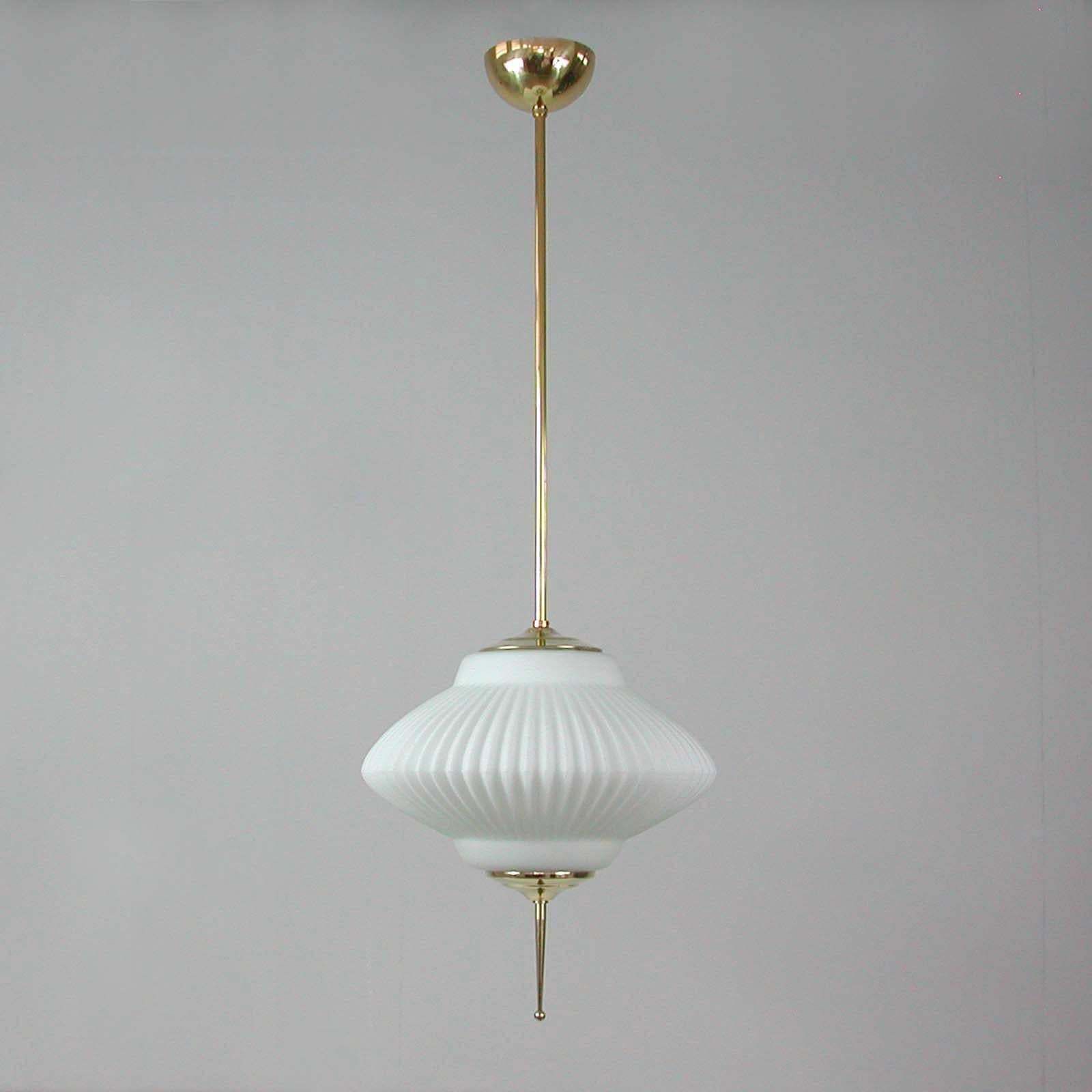 Midcentury Ribbed Milk Glass & Brass Globe Pendant, Stilnovo 'Attr.' photo furniture