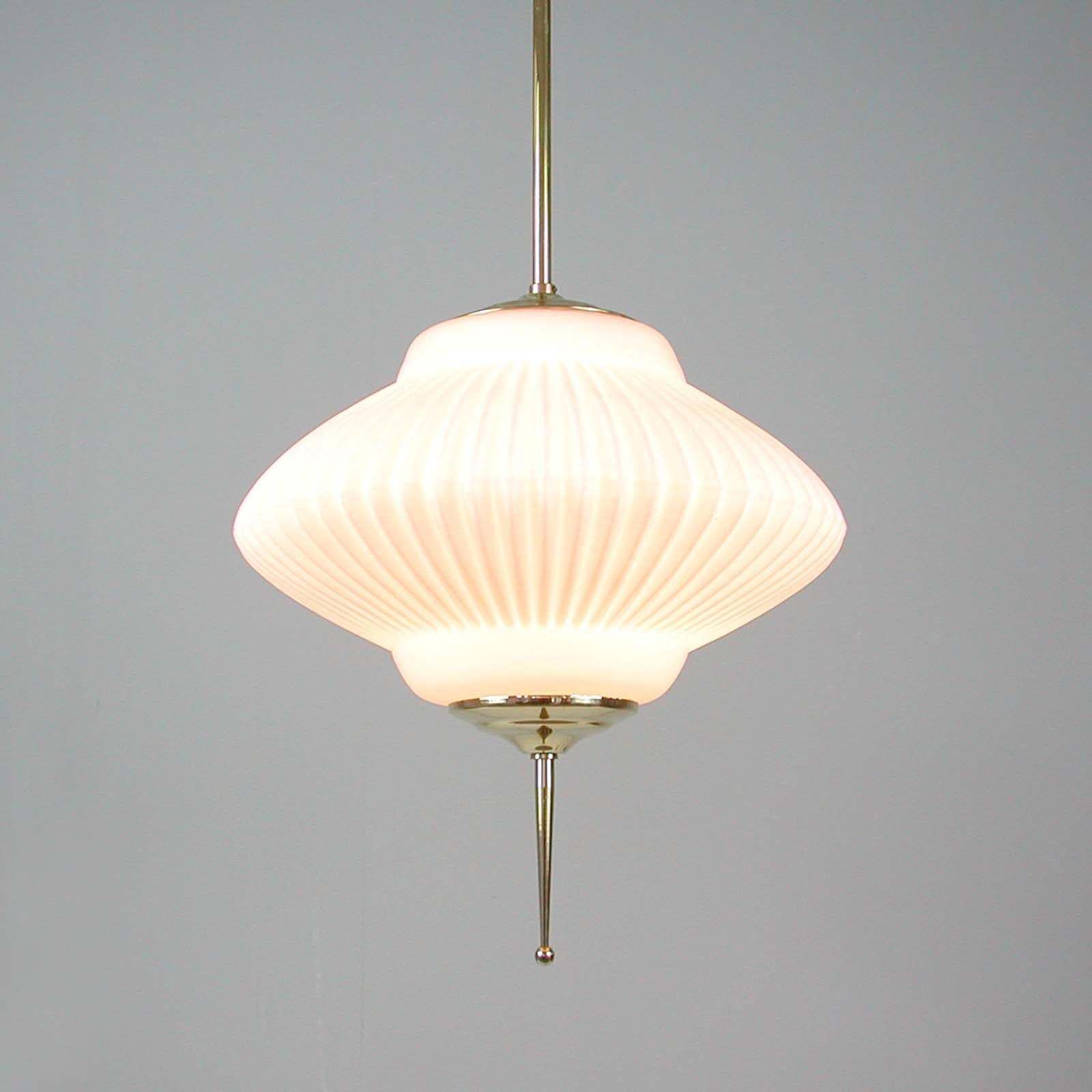 Midcentury Ribbed Milk Glass & Brass Globe Pendant, Stilnovo 'Attr.' photo buy