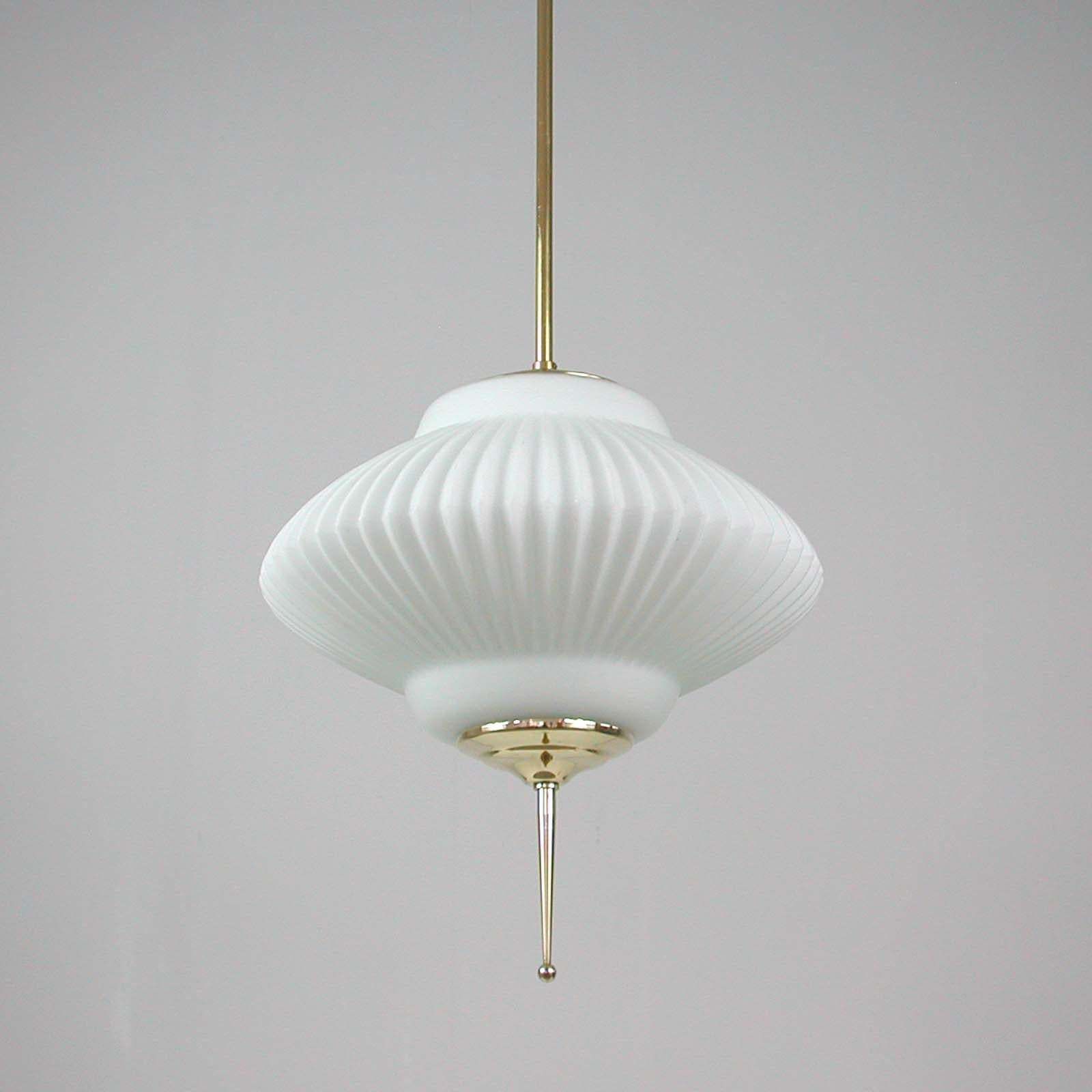 Midcentury Ribbed Milk Glass & Brass Globe Pendant, Stilnovo 'Attr.' photo vintage
