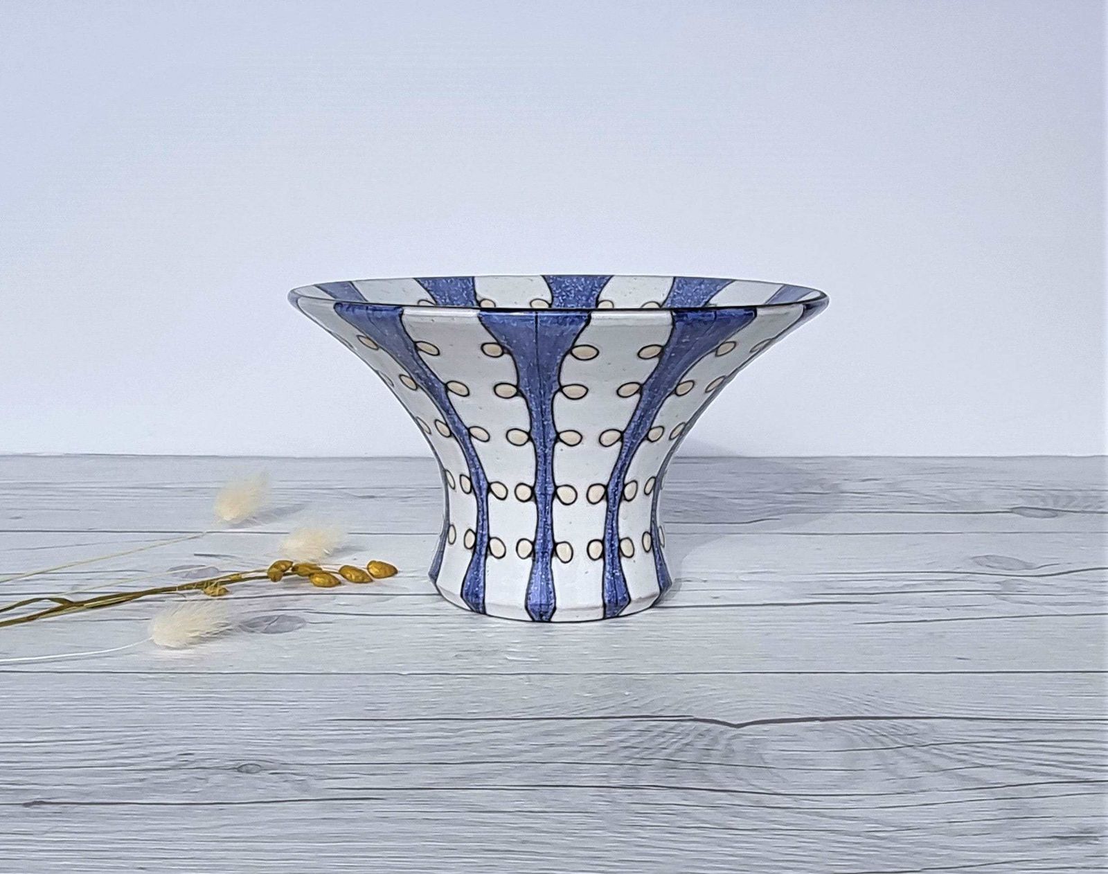 Mari Simmulson For Upsala Ekeby, 1956 57 Iris Series, Blue And White Stripe Polka, Wide Brim Vase