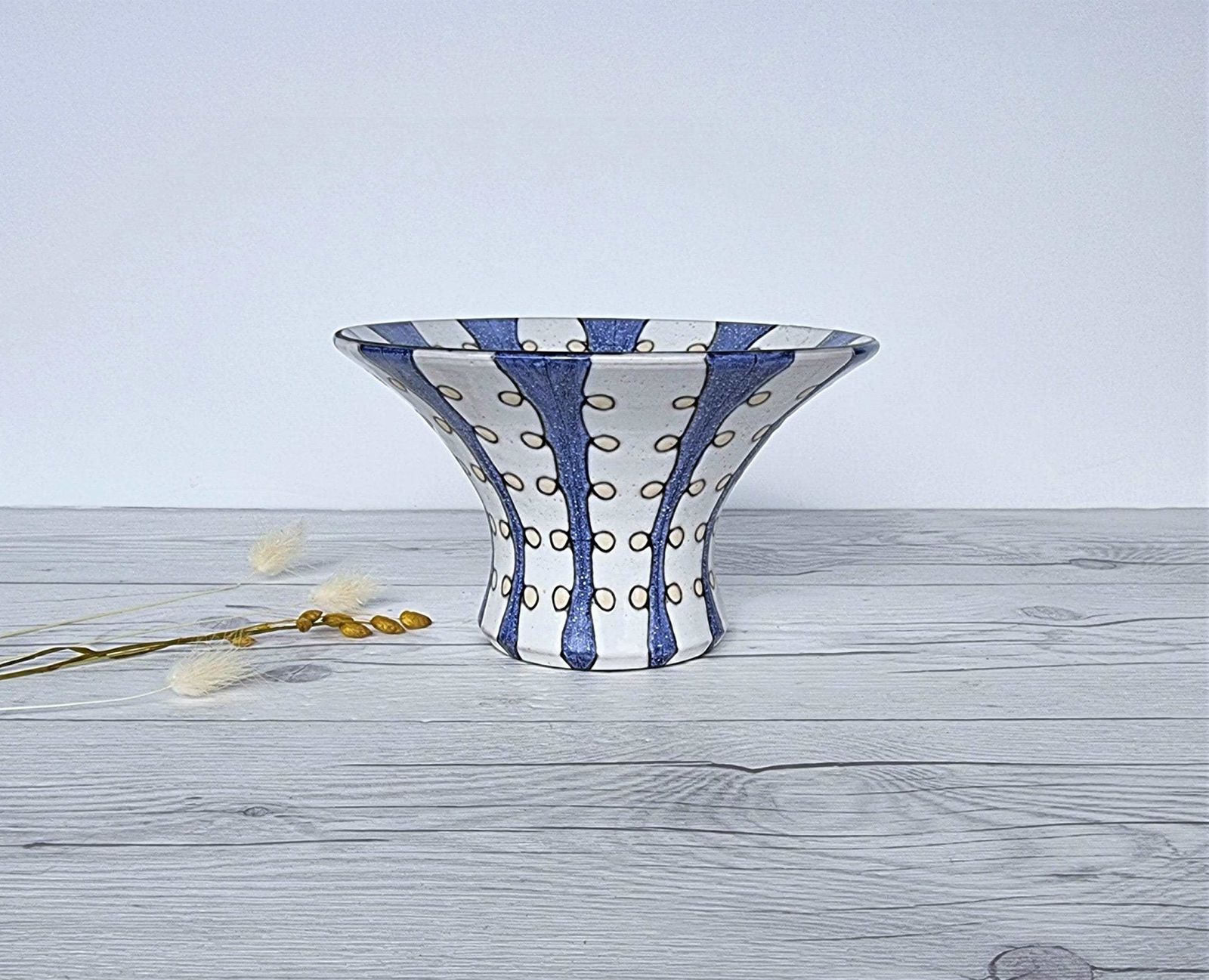 Mari Simmulson For Upsala Ekeby, 1956 57 Iris Series, Blue And White Stripe Polka, Wide Brim Vase photo vintage