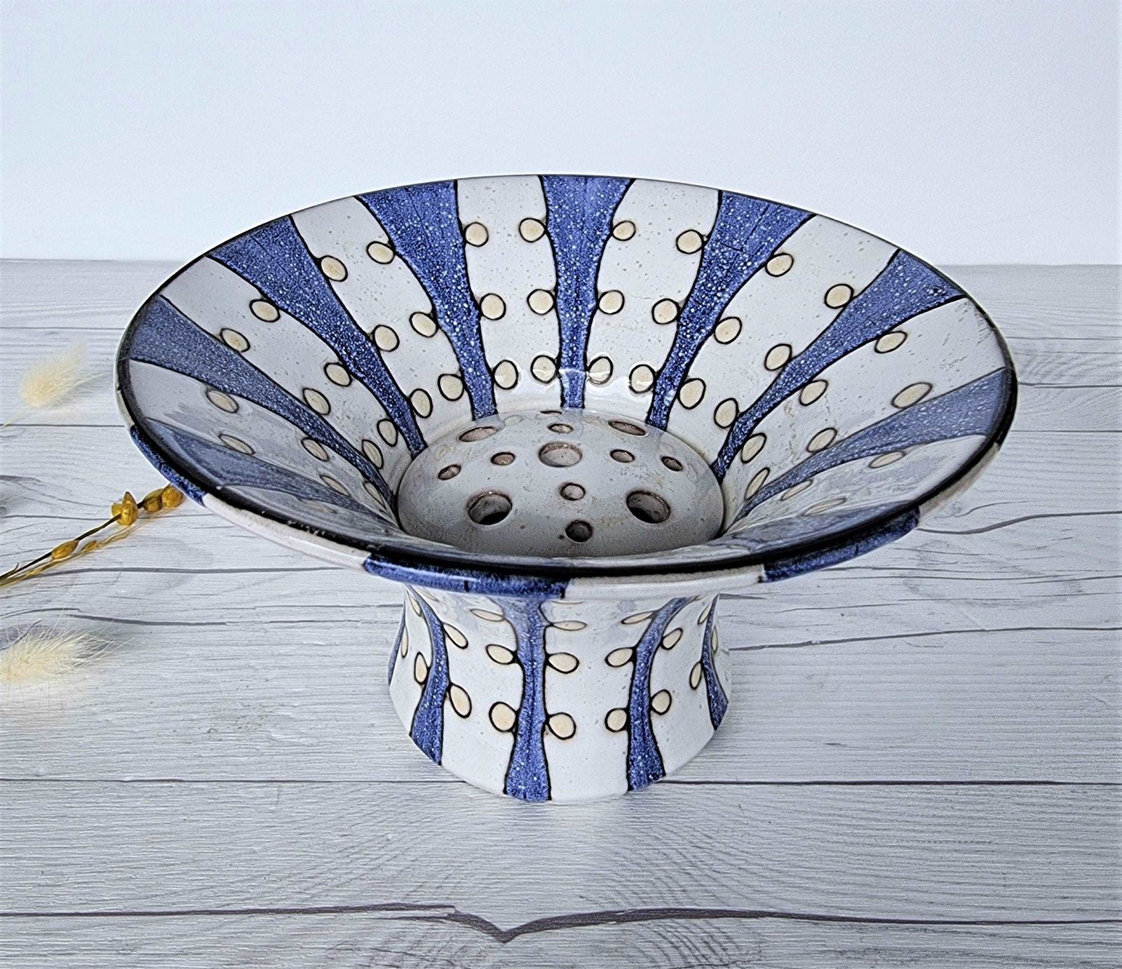 Mari Simmulson For Upsala Ekeby, 1956 57 Iris Series, Blue And White Stripe Polka, Wide Brim Vase photo furniture