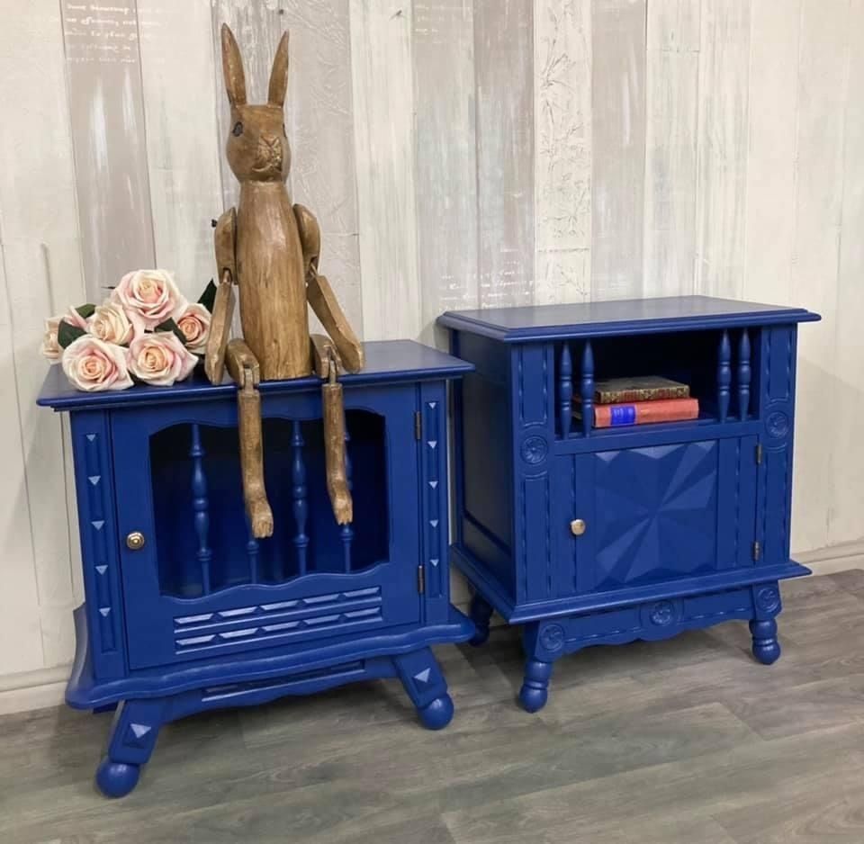 Two Hand Painted Vintage French Bedside Cabinets In Blue photo for sale