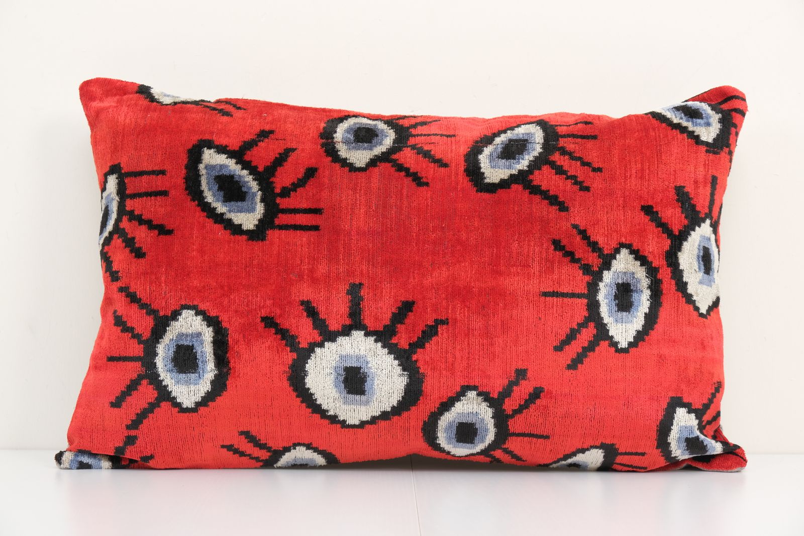 16" X 24" Ikat Eye Red Pillow Pillow Cover   Silk Ethnic Velvet Lumbar Pillow Cover   Ethnic Decorative Pillow   Velvet Ikat Pillow