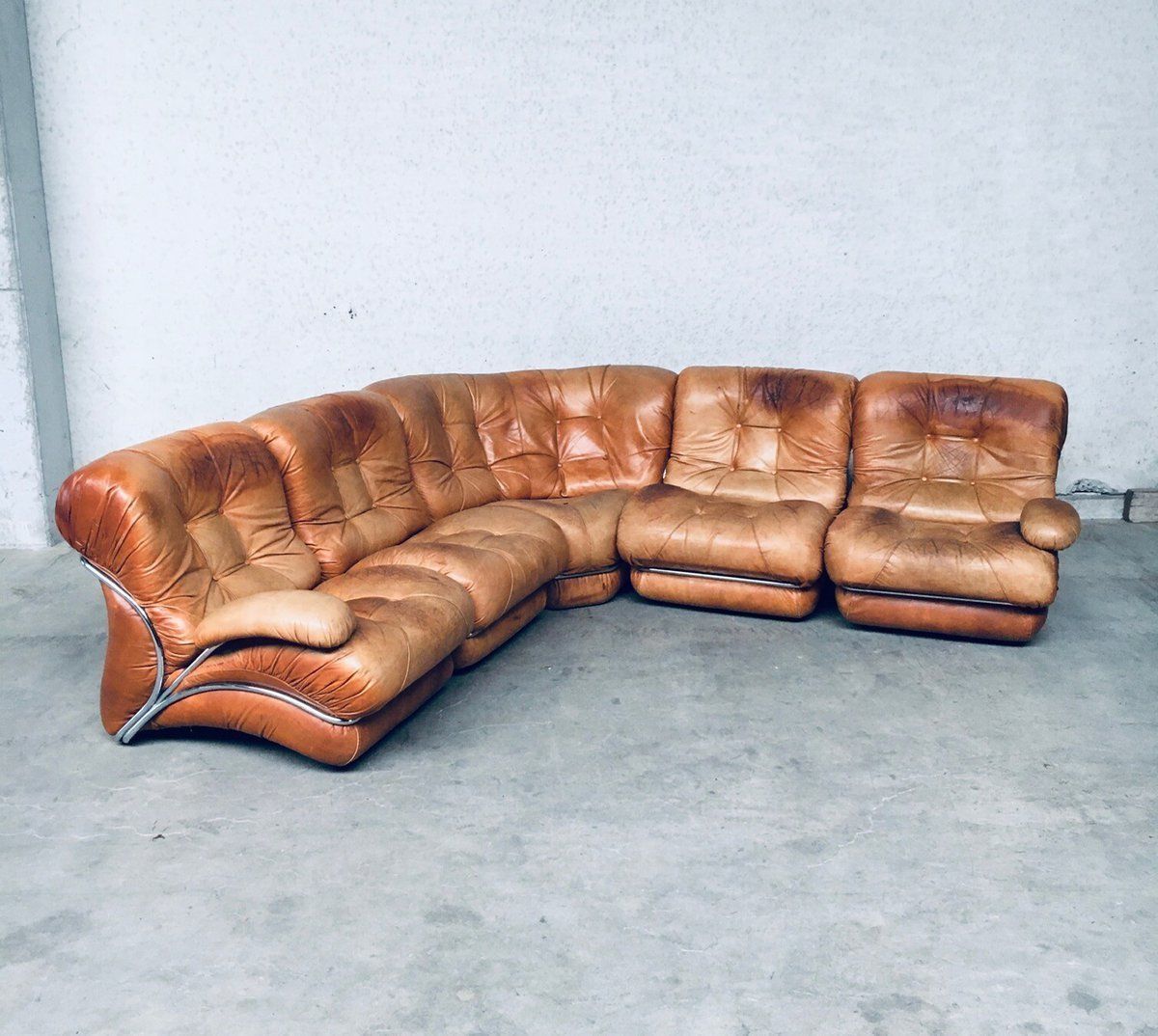 Mid Century Modern Italiaans Design Leren Hoekbank Van Ipe, Italië, Jaren 1970