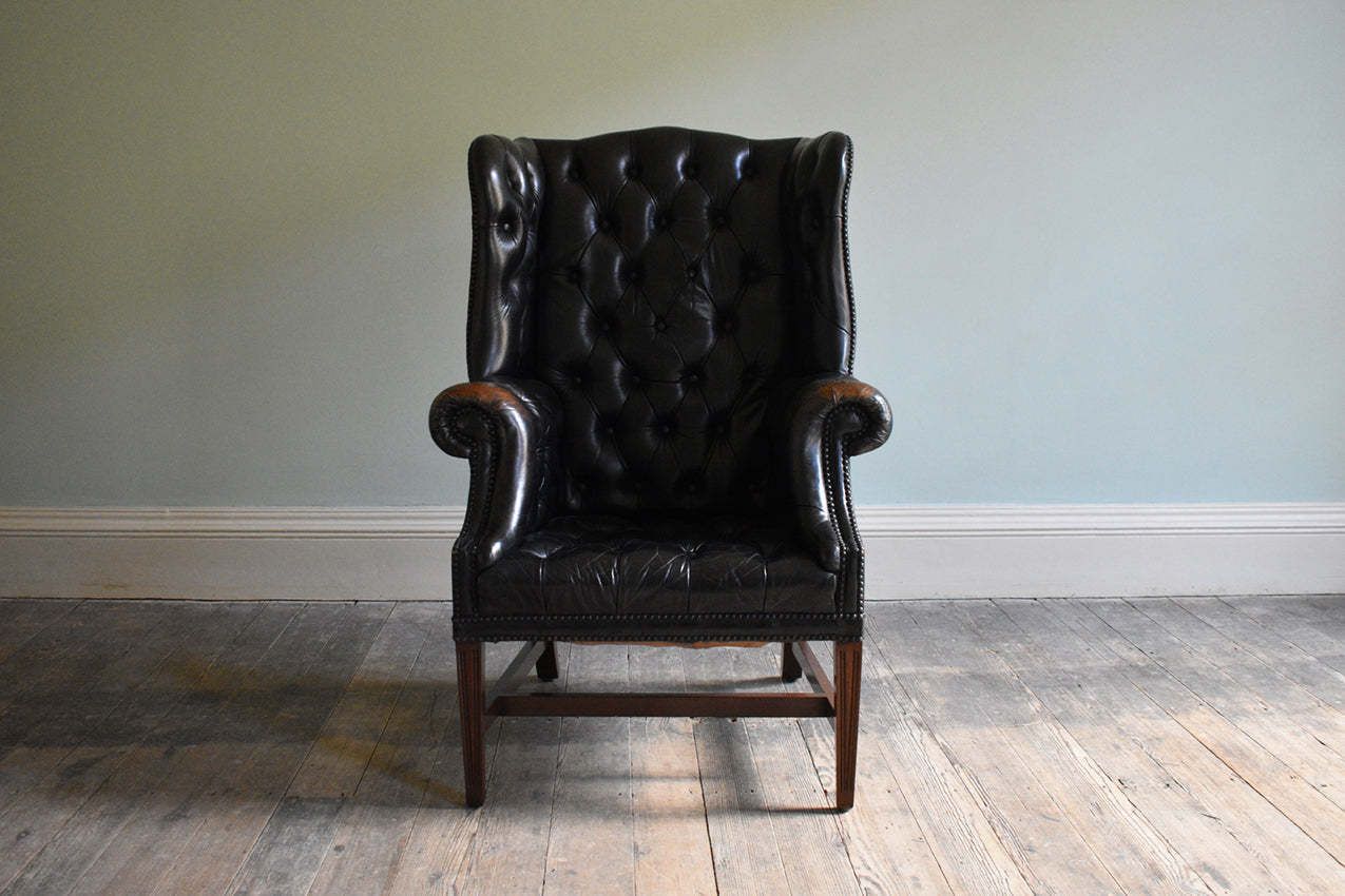 Georgian Black Leather Upholstered Wingback Armchair photo furniture