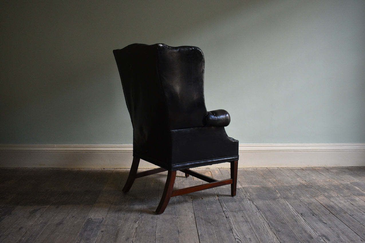 Georgian Black Leather Upholstered Wingback Armchair photo Furniture