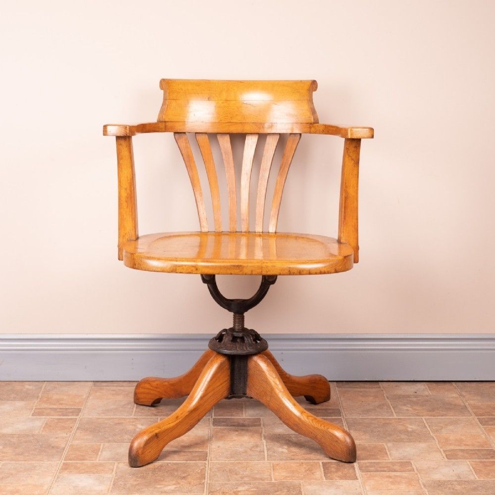 Oak Revolving Office Desk Chair With Wooden Seat photo vinterior