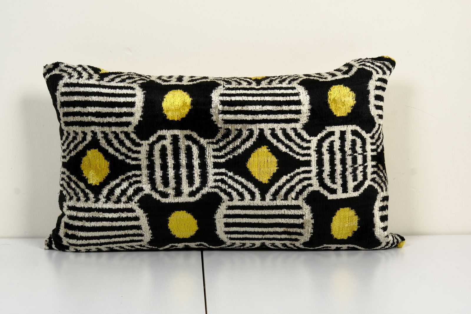 Silk Ikat Velvet Pillow Cover, Black And Yellow Motif Ikat Lumbar Pillow Cover 16" X 24"