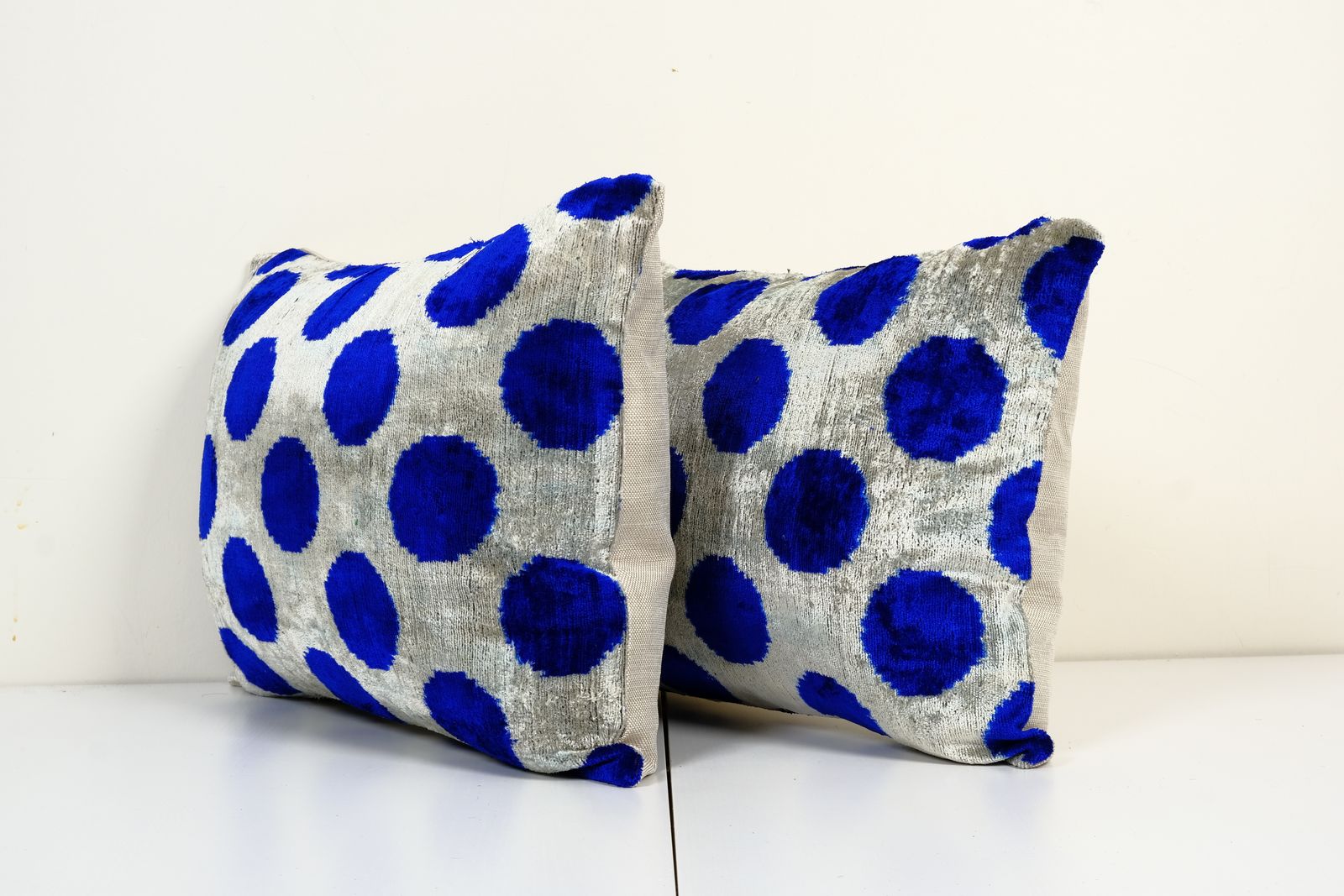 Ikat Blue Polka Dot Pillow Pillow Cover   Set Of Two Silk Ethnic Velvet Lumbar Pillowcase   Ethnic Decorative Cushion 16" X 22" photo for sale