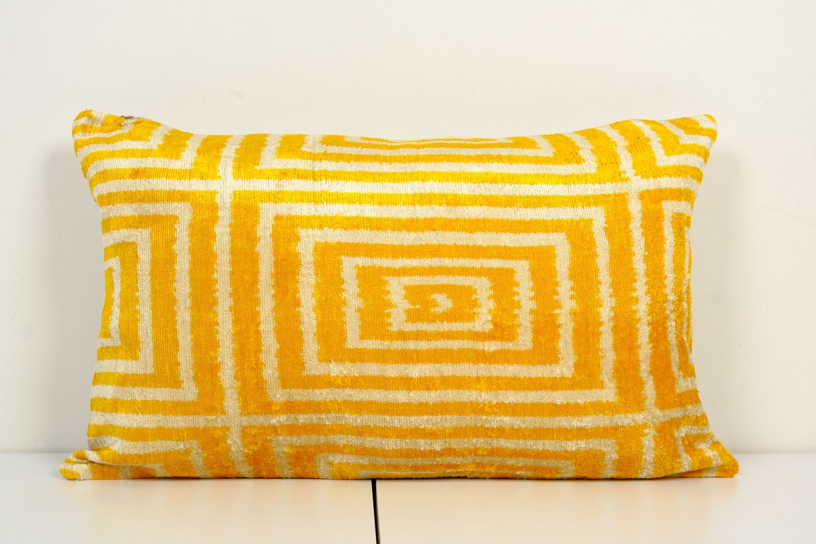 16" X 24" Christmas Day Gift Pillow, Silk Ikat Velvet Pillow, Ethnic Ikat Lumbar Pillowcase, Yellow Labyrinth Geometric Velvet Cushion