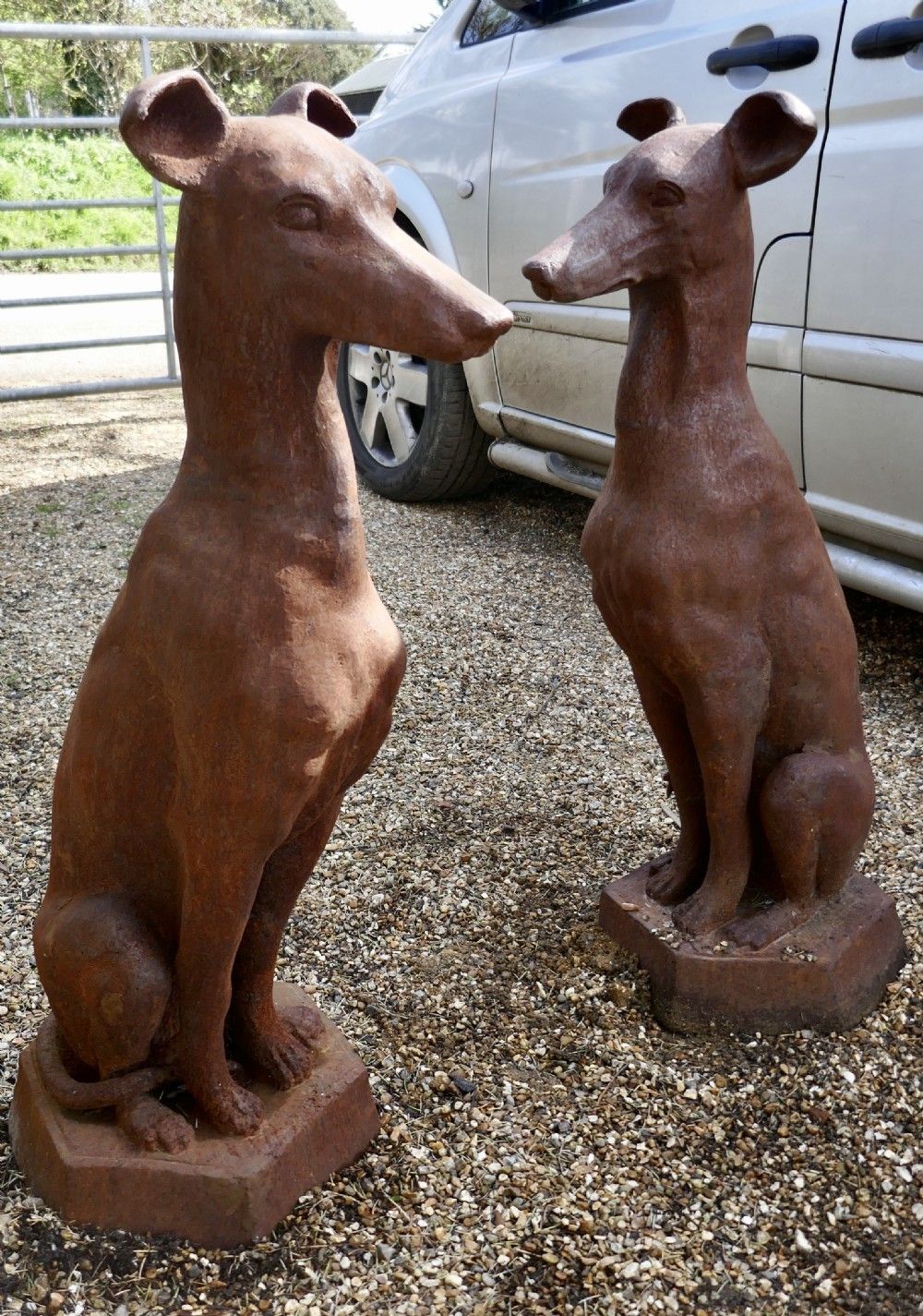 Pair Of Large Outdoor Weathered Cast Iron Greyhound Dogs photo Garden Decor