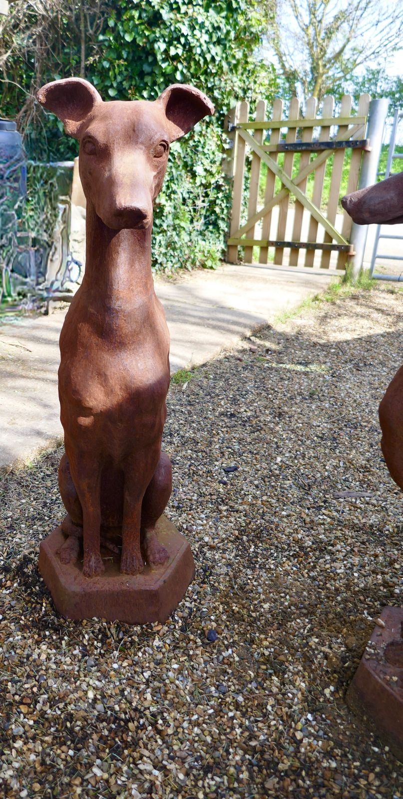 Pair Of Large Outdoor Weathered Cast Iron Greyhound Dogs photo vinterior