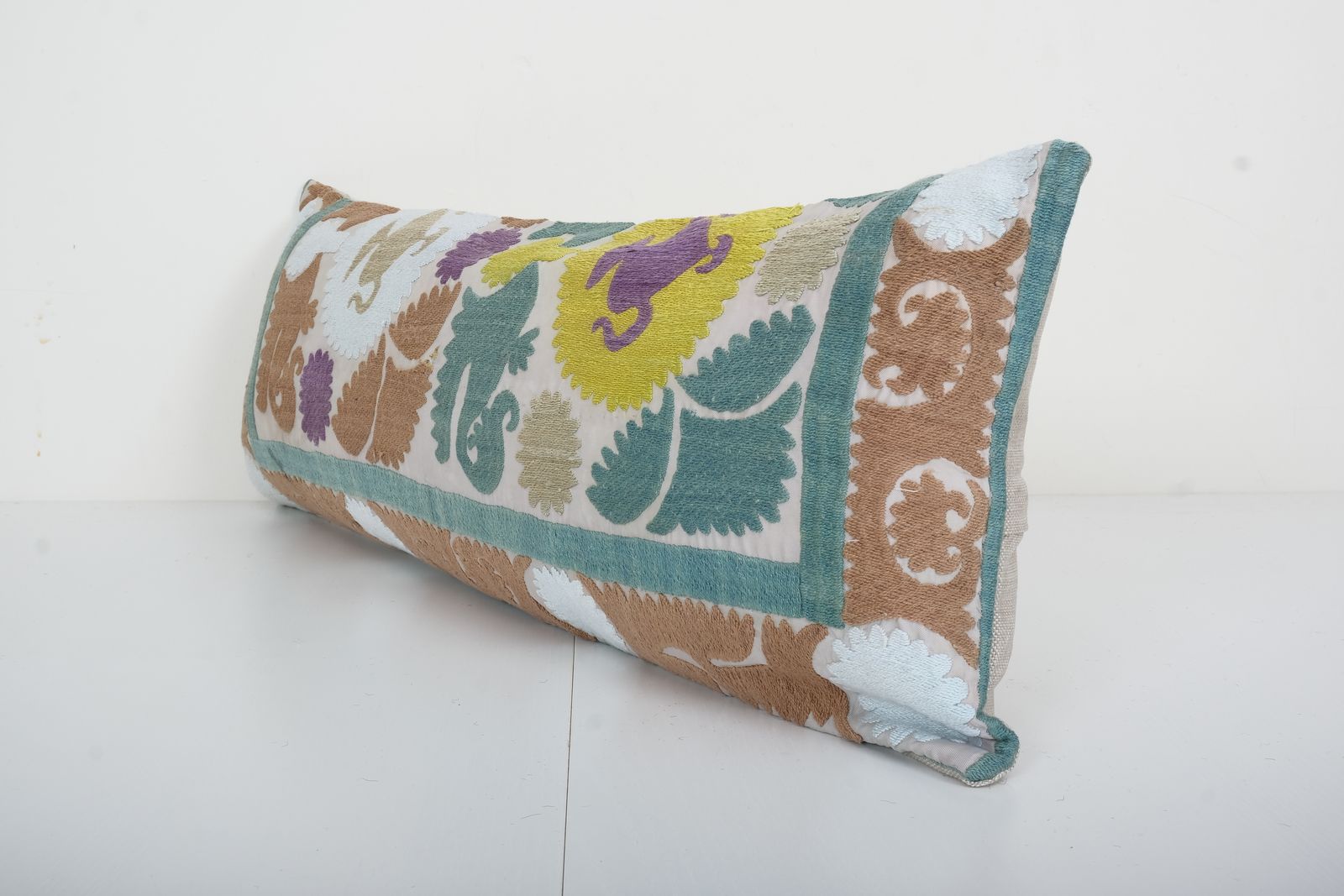 10" X 30" Lumbar King Bed  Cotton Suzani Pillow Cover, Exquisite White Washed Colorful  Pillow Cover, Designer photo furniture