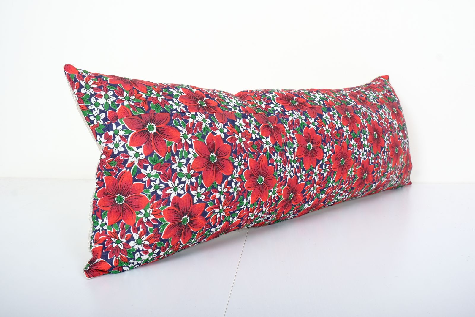 Vintage Cotton Pillow Case Made From Mid 20th Century Russian Cotton Printed Textile   Floral Trade Cloth Cushion 12" X 34" photo furniture