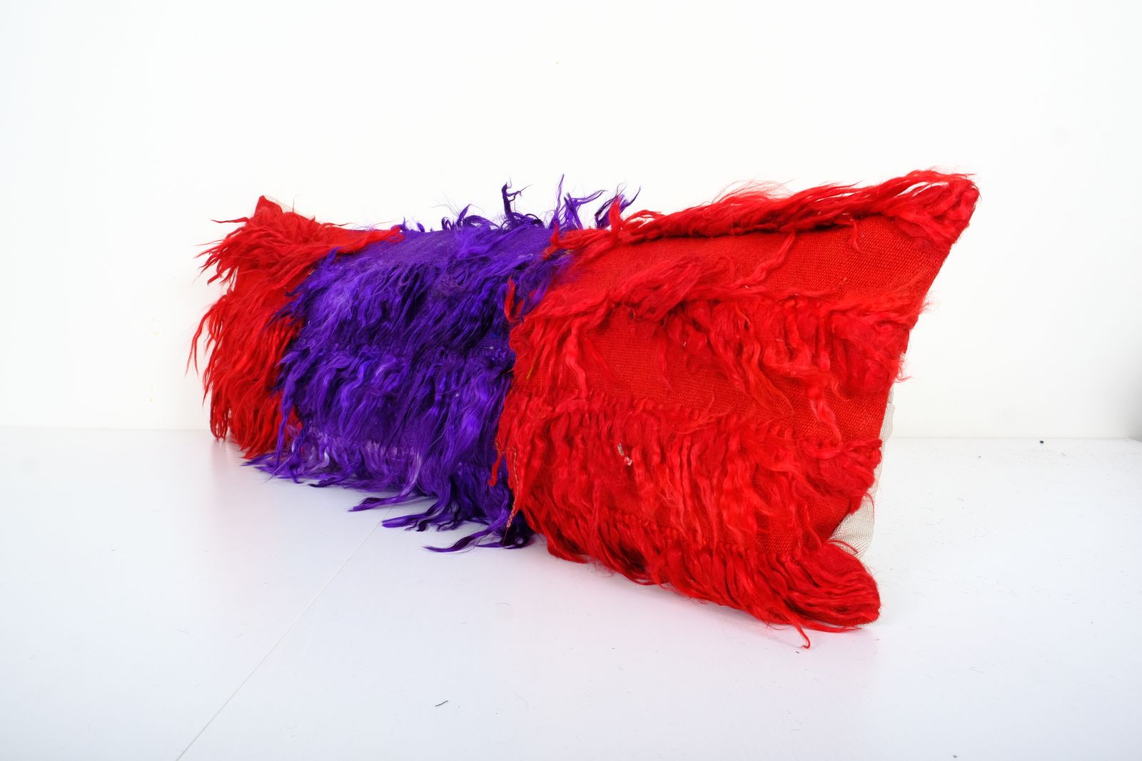 Organic Wool Extra Long Turkish Shaggy Pillow, Tulu  Cover, Red Pillow Cases Fashioned From A Mid 20th Century Tulu  12" X 40" photo Textiles
