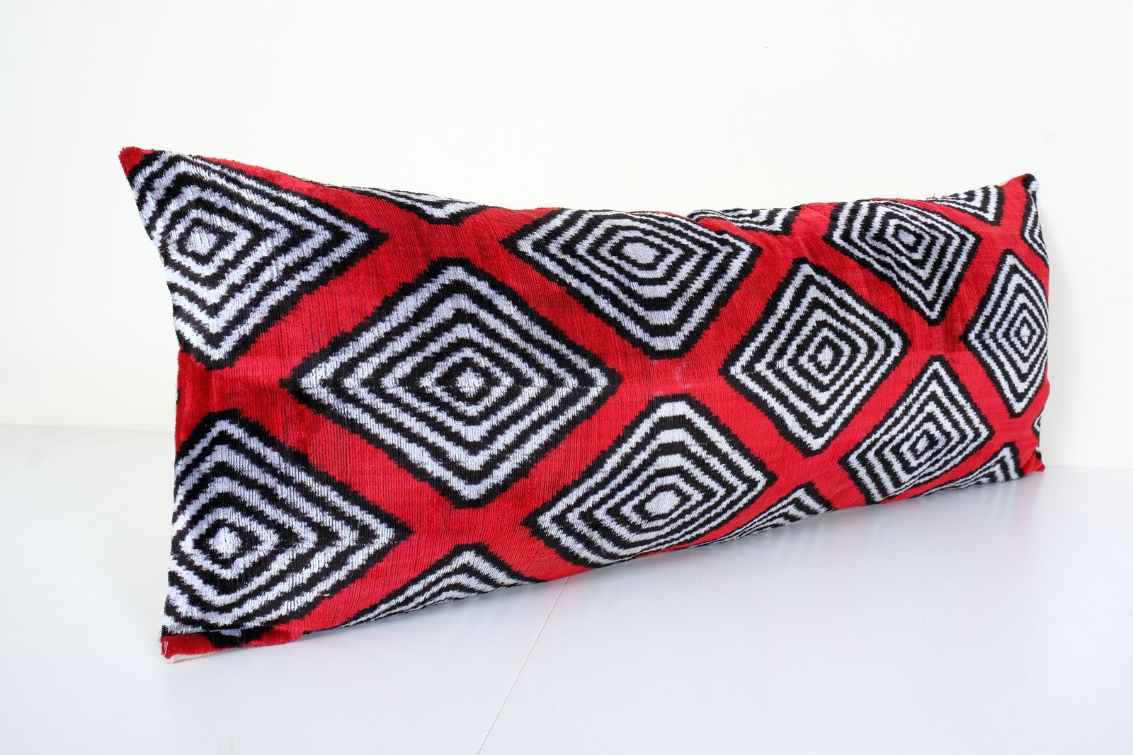 Red Silk Ikat Velvet Pillow, Extra Long Ikat  Cover With Geometrical Design, Hippie  Pillow 15" X 40" photo for sale