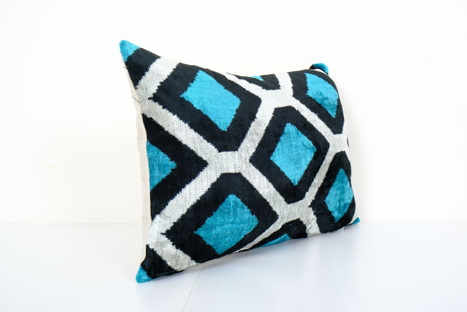 16" X 24" Ikat Pillow, Turquoise Blue Silk Velvet Pillow Cover, Beige Ikat Pillow Geometric Ikat Velvet Pillow Cover photo Textiles