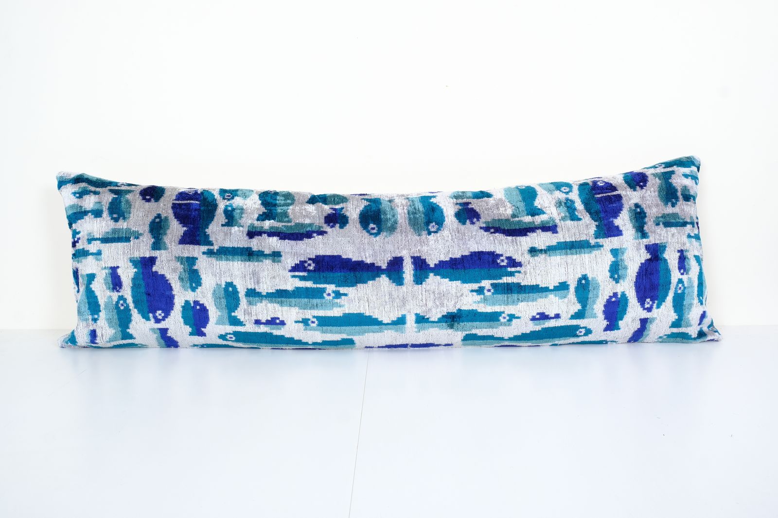 Extra Long Silk Ikat Velvet Pillow With Fish Motifs, Turquoise Velvet Oversize Cushion Cover, Ikat Velvet Bedding Pillow 16" X 48"