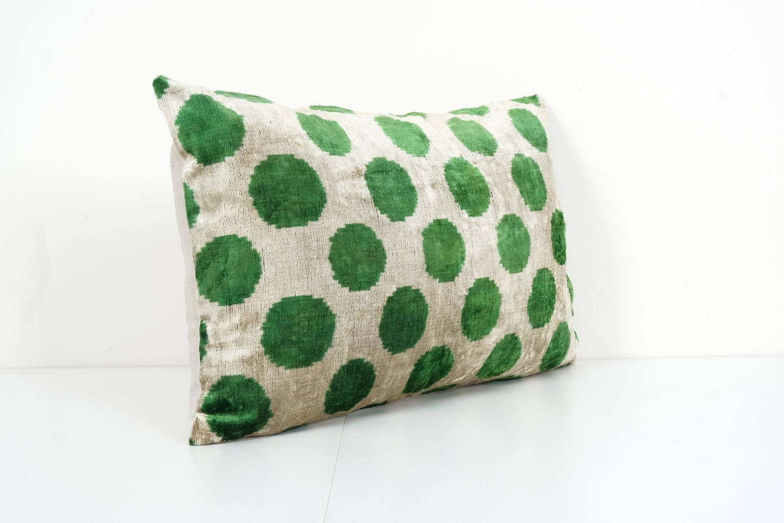 Silk Green Ikat Velvet Pillow, Silk Lumbar Cushion Cover, Polka Dot Design Velvet , Boho Chic Pillow Cover 14" X 24" photo for sale