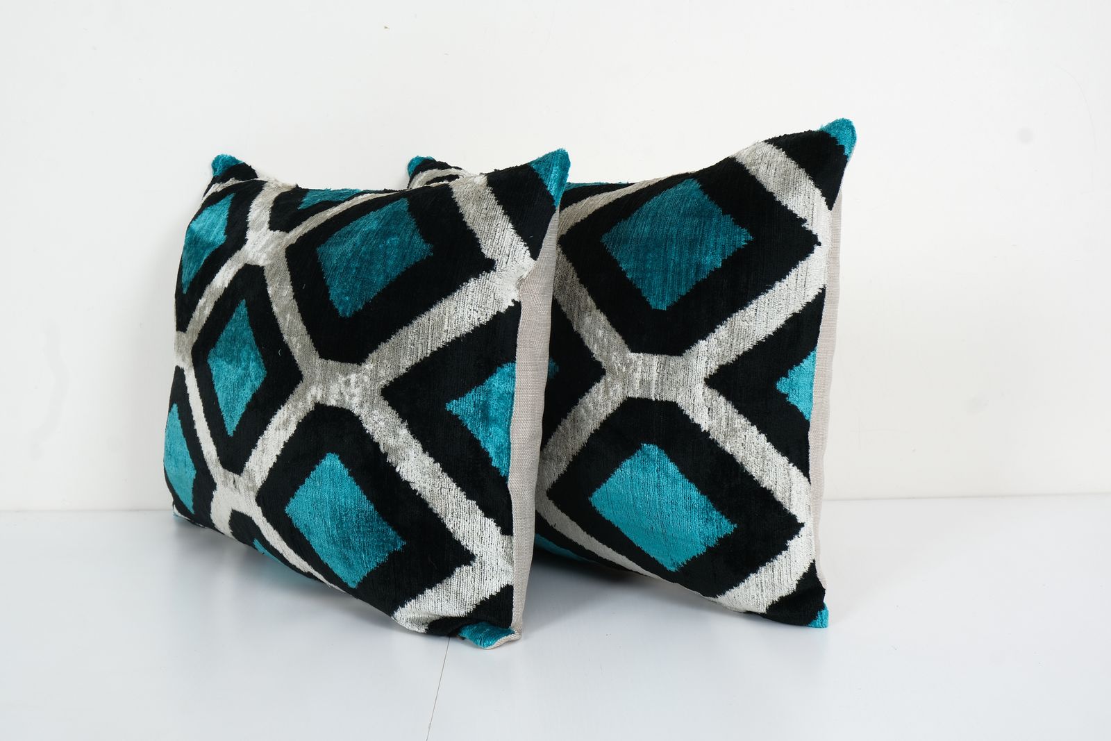 Blue Silk Ikat Velvet Pillow Cover, Pair Handloom Ikat Lumbar Cushion Cover, Matching Decorative Pillowcase 16" X 22" photo 110.0