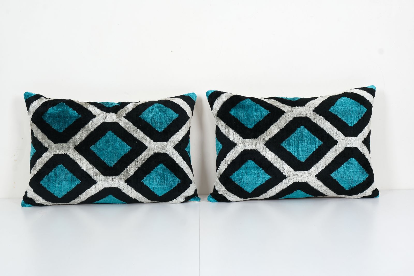 Blue Silk Ikat Velvet Pillow Cover, Pair Handloom Ikat Lumbar Cushion Cover, Matching Decorative Pillowcase 16" X 22"