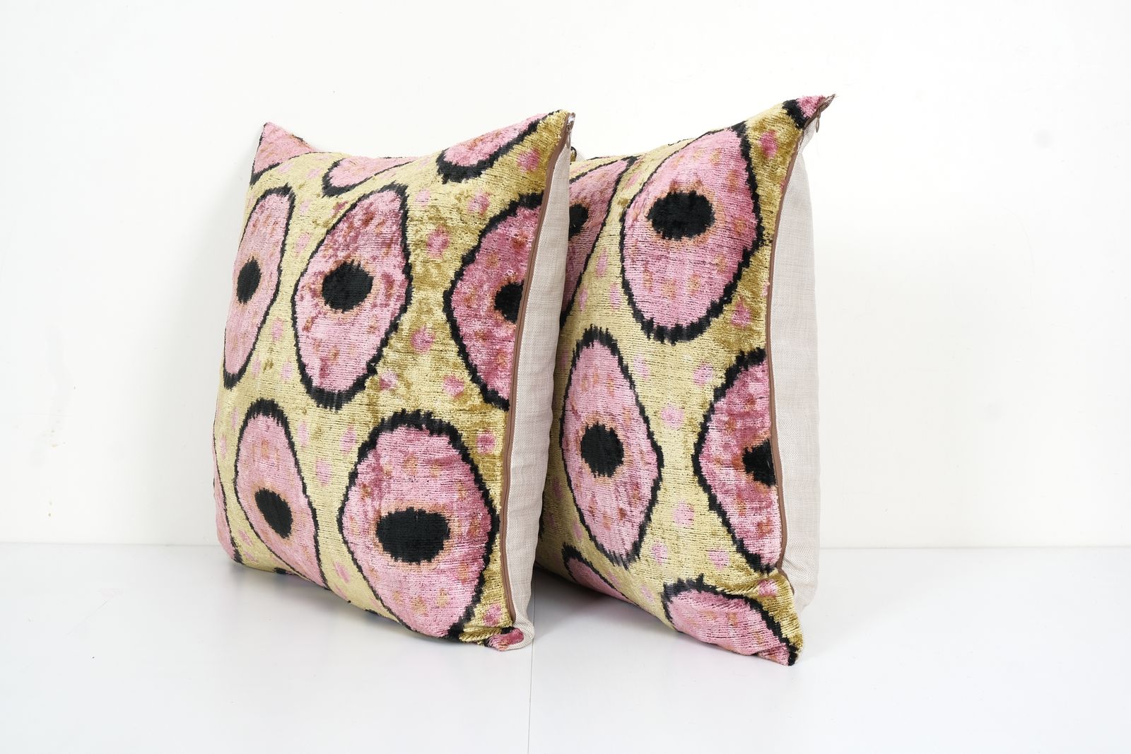 Pink Silk Ikat Pillow    Set Of Two Uzbek Ikat Velvet Cushion 22" X 22" photo furniture