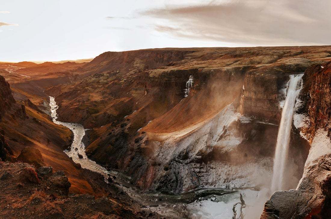 "Panoramic View With The Majestic Haifoss Waterfall In Iceland" By Artur Debat