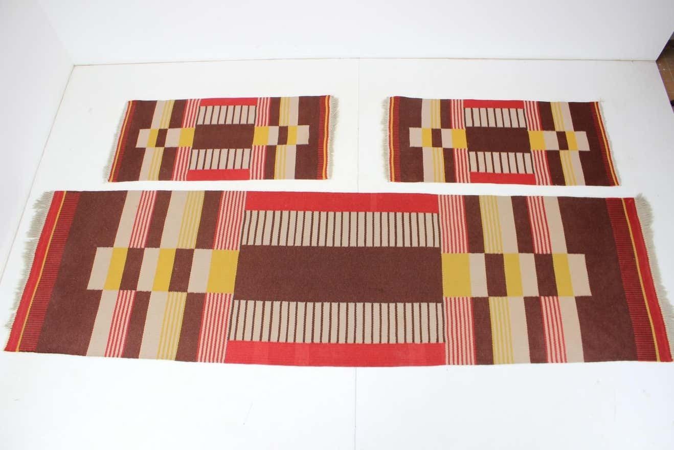 Rare Set Three Geometric Wool Rugs Designed By Antonín Kybal, 1940s photo furniture