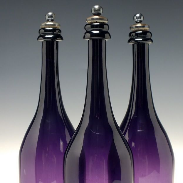 Set Of Three Antique 19th Century Victorian Amethyst Glass Serving Decanter Bottles C1830 photo furniture