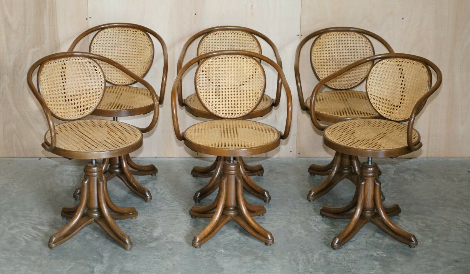 Six Original Stamped Thonet Swivel Bergere Armchairs