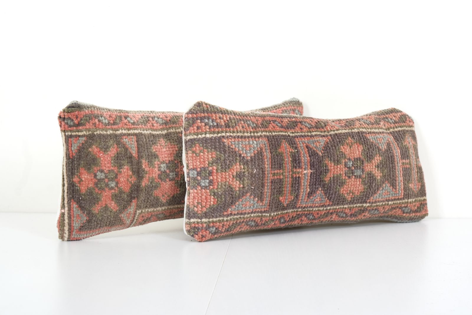 Organic Wool Muted Brown Carpet  Pillow, Set Of Two Faded Ethnic Turkish Yastik Pillow   Designer  8" X 20" photo Textiles
