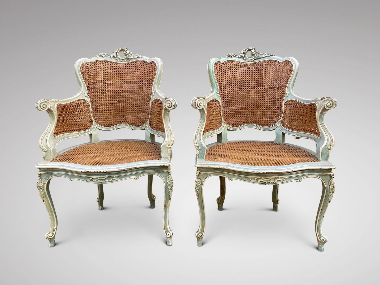 Pair Of 19th C French Painted Cane Armchairs