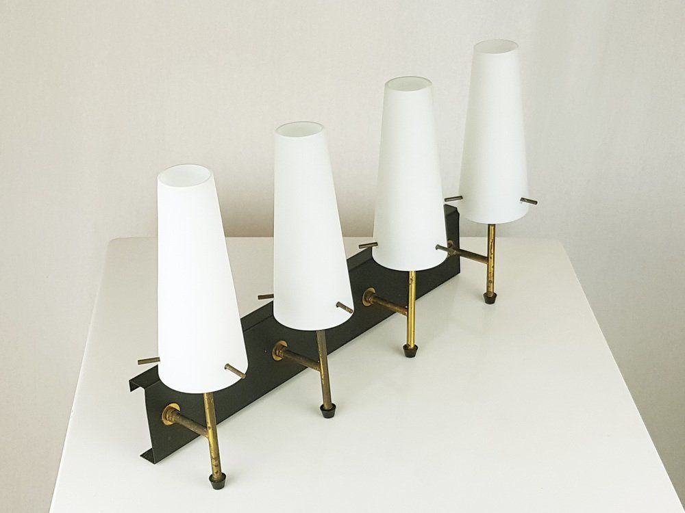 Black Metal Brass And Opaline Glass 4 Light Wall Lamps  Set Of 5 photo for sale