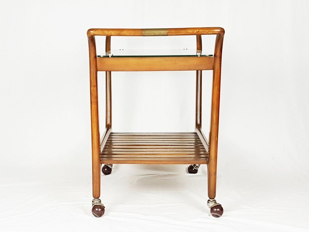 Mid Century Wood Brass And Glass Trolley 1950s photo for sale