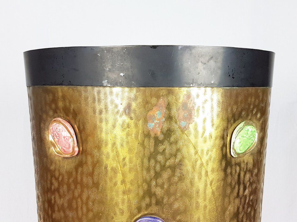 Mid Century Italian Black Metal Engraved Brass And Ceramic Umbrella Stand 1950s photo furniture