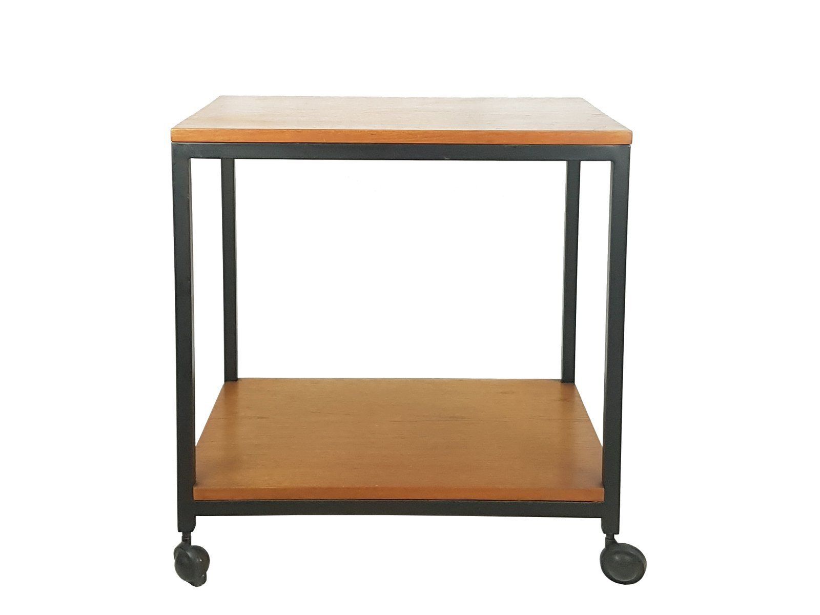 Small Mid Century Modern Black Metal And Teak Wood Serving Table On Wheels