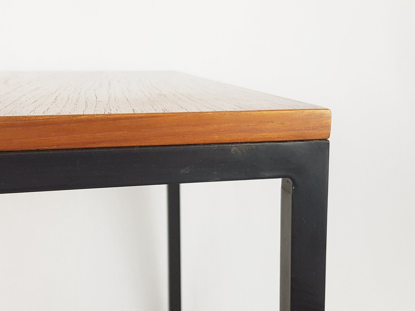 Small Mid Century Modern Black Metal And Teak Wood Serving Table On Wheels photo vinterior