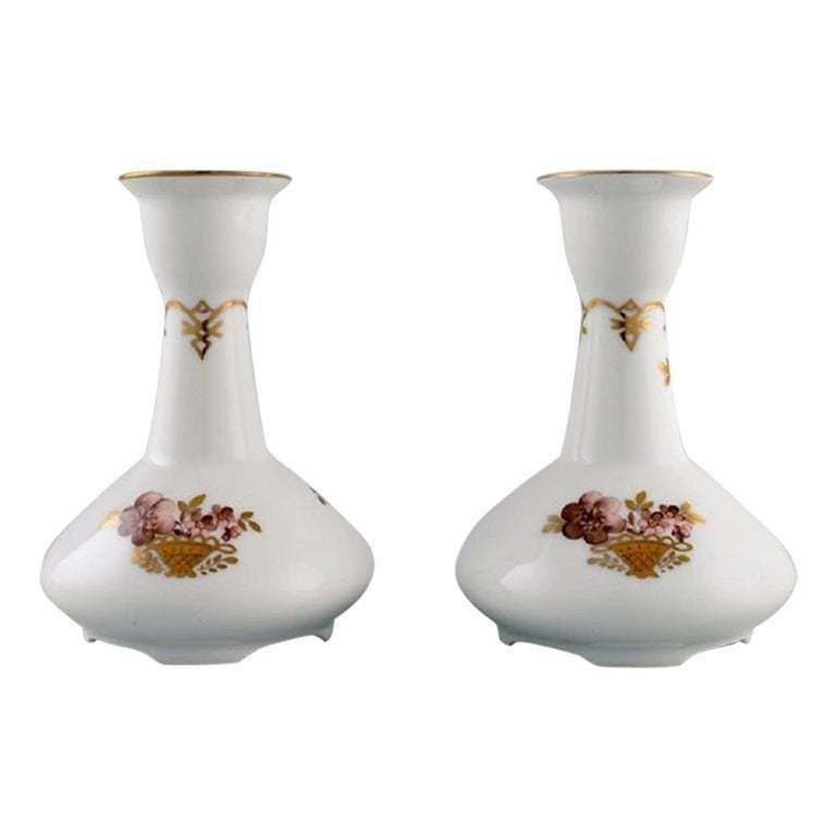 Two Royal Copenhagen Golden Basket Candlesticks In Porcelain With Flowers photo vinterior
