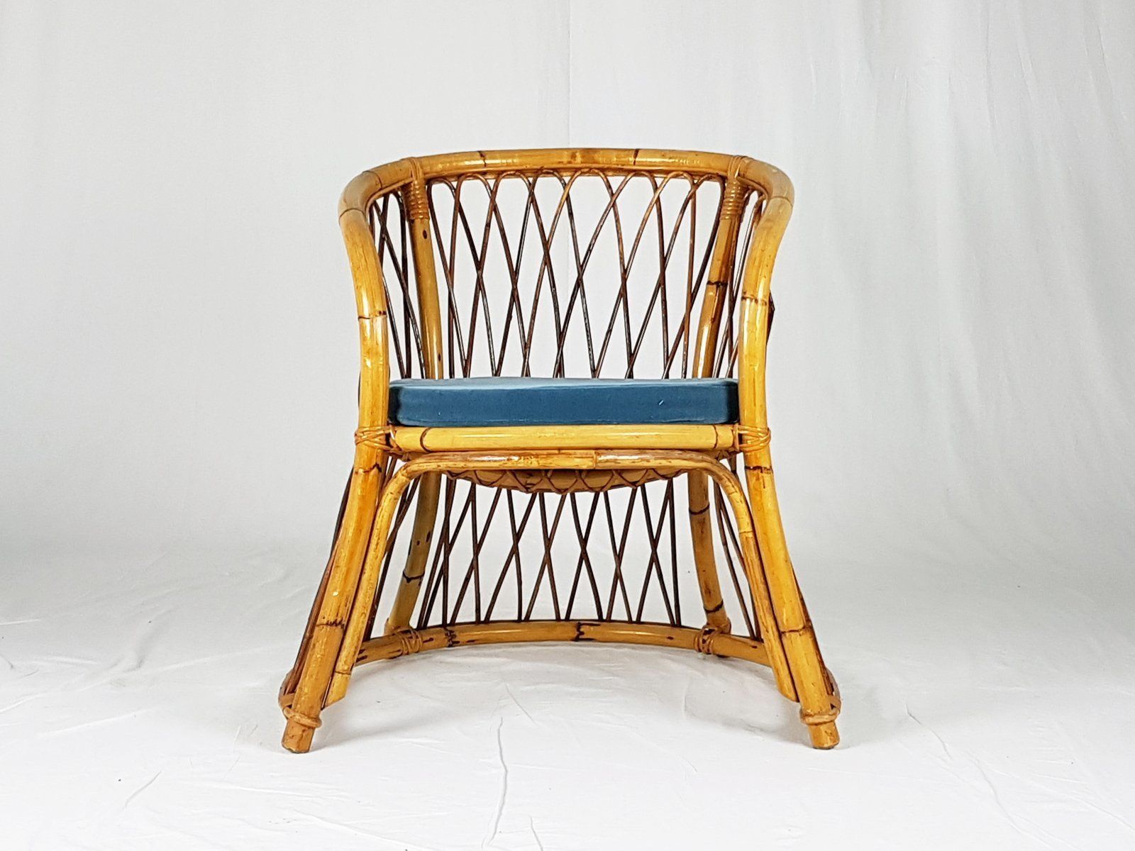 Rush, Rattan & Blue Velvet Armchair, 1960s photo furniture