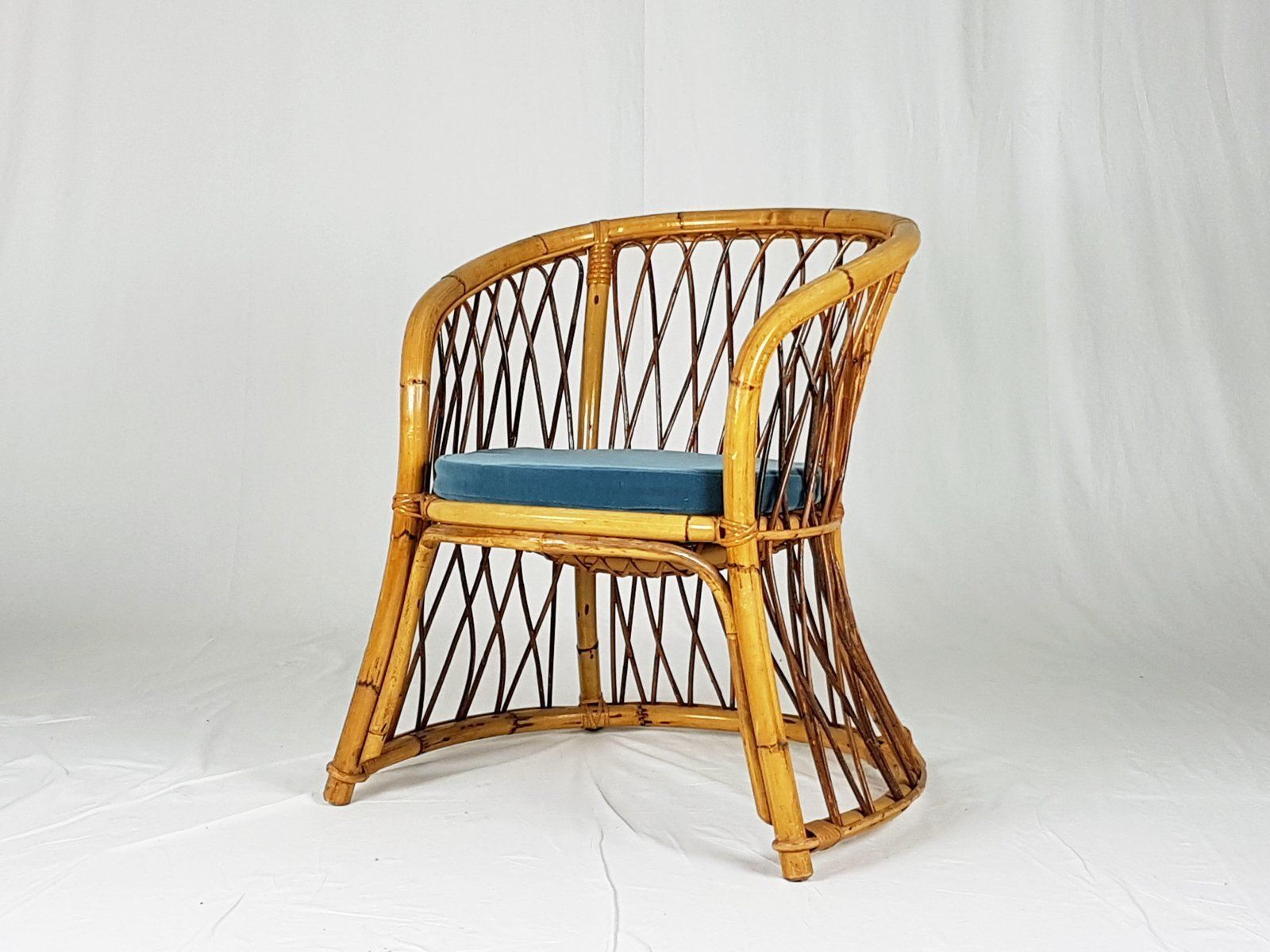 Rush, Rattan & Blue Velvet Armchair, 1960s photo 450.0