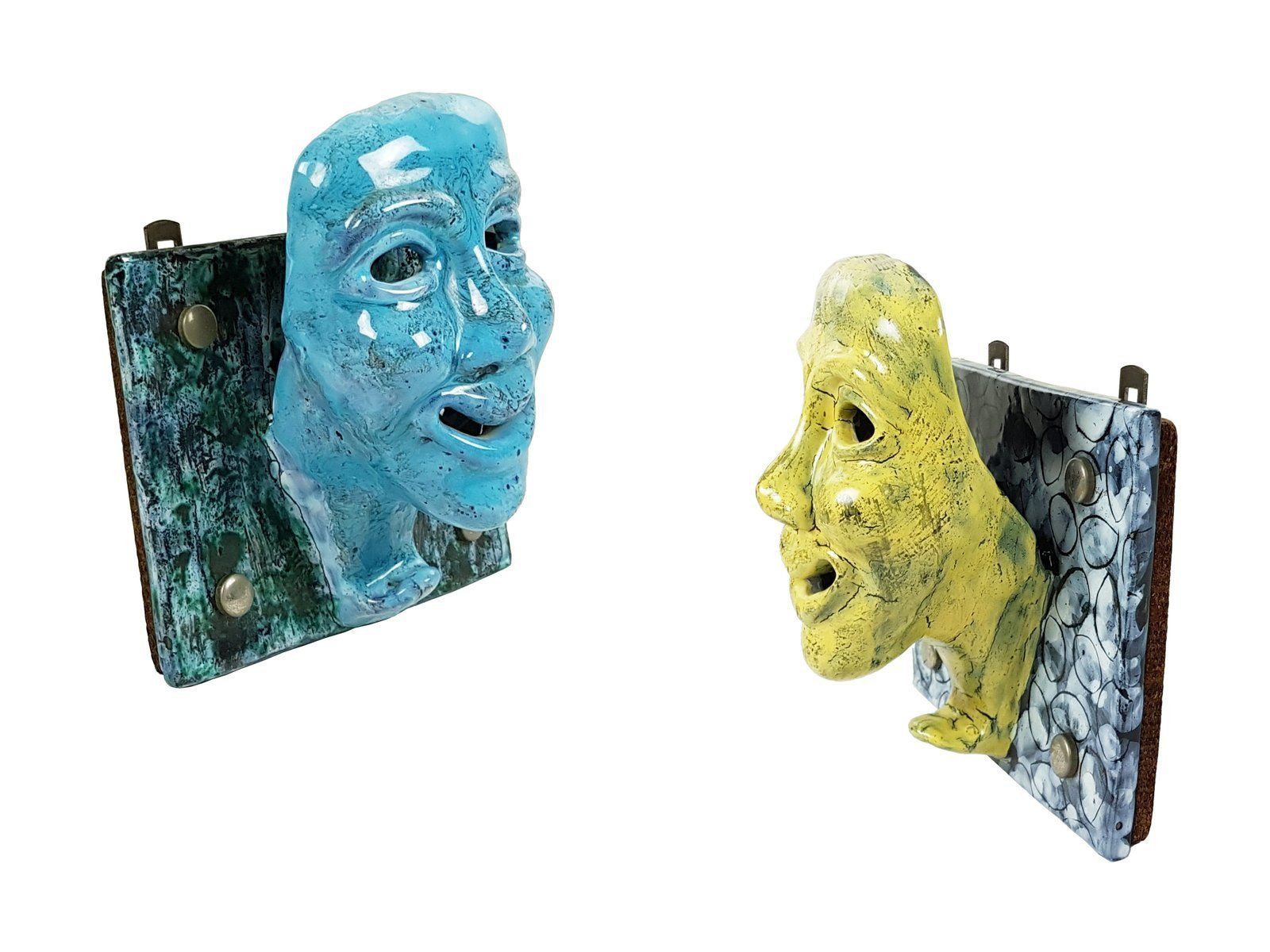 Mid Century Blue And Yellow Ceramic Mask Wall Racks, Set Of 2