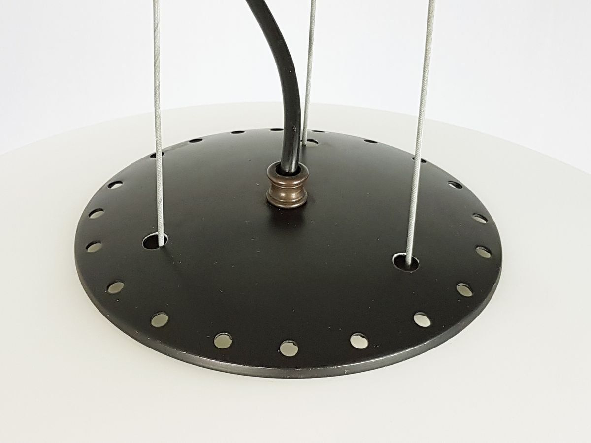 Mid Century Italian Opaline Glass, Brass, And Black Metal Pendant photo Lighting