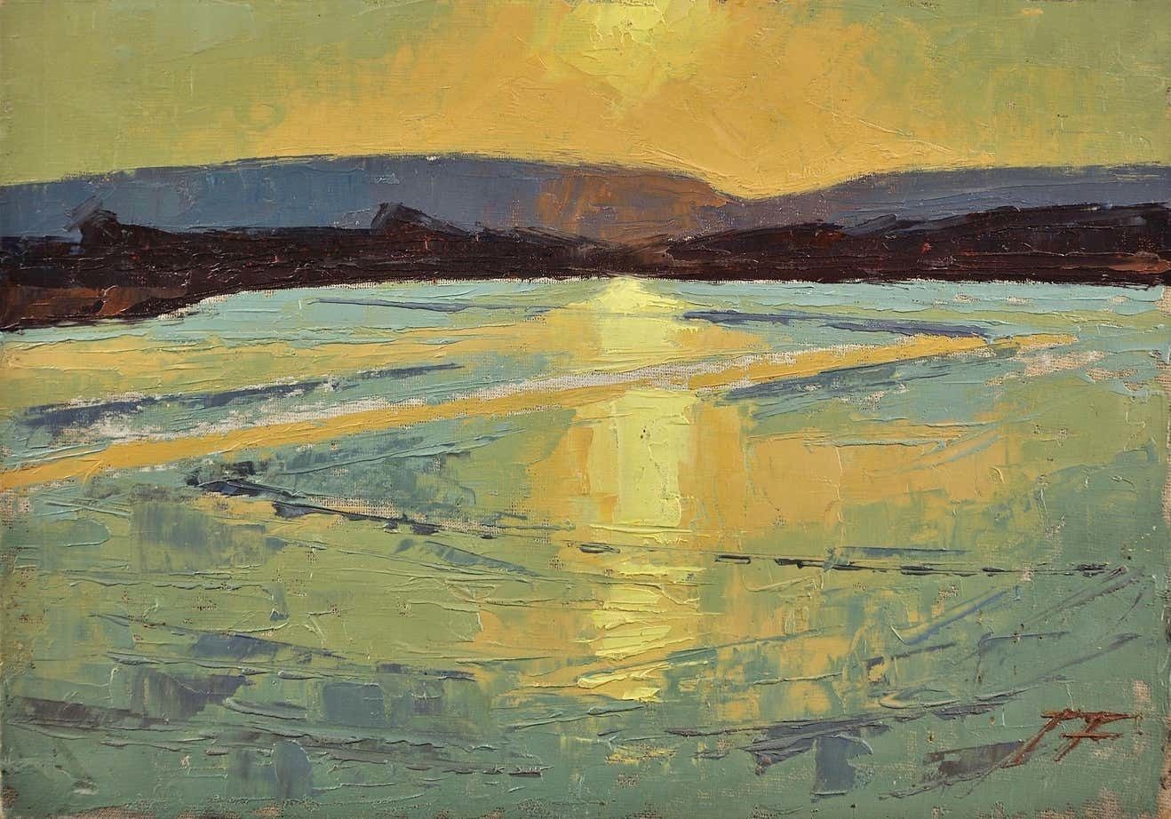 James Fry 1911 To 1985. English. Poole Harbour With The Purbeck Hills Beyond, Dorset Landscape. Framed Impasto Oil Painting Circa 1950. photo furniture