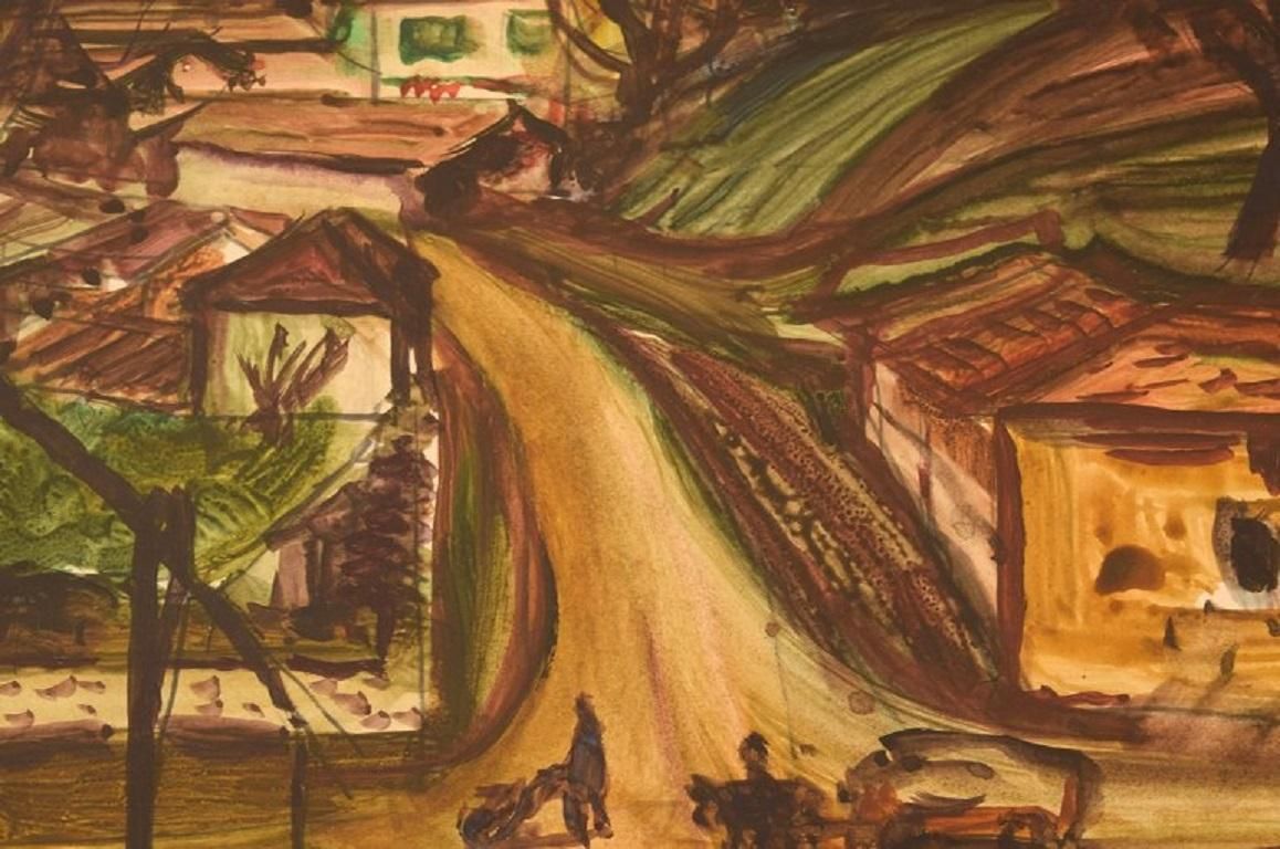 Unknown Hungarian Artist, Watercolor On Paper, Modernist Town Landscape, 1960s photo Art