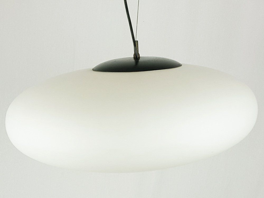 Italian White Opaline Glass, Brass And Black Metal Pendant Lamp Attributed To Stilnovo, 1960s photo furniture