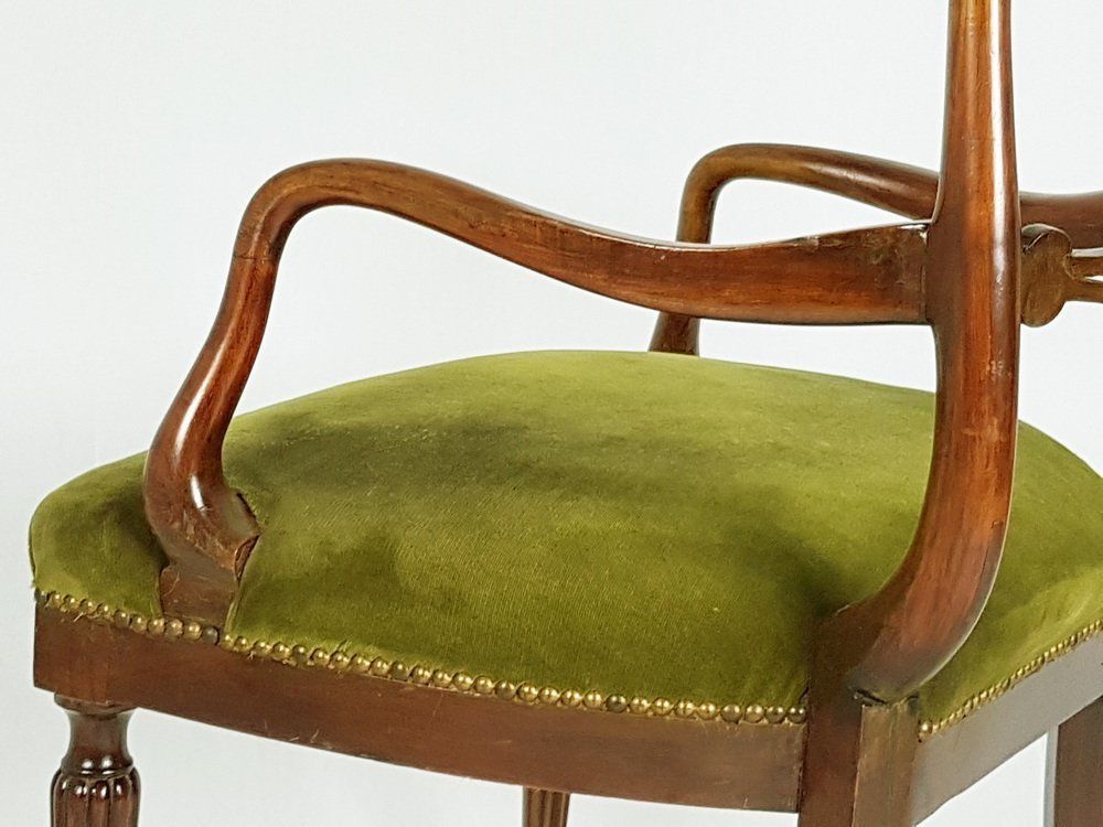photo for sale Mid Century Italian Wooden & Green Velvet Armchair, 1950s