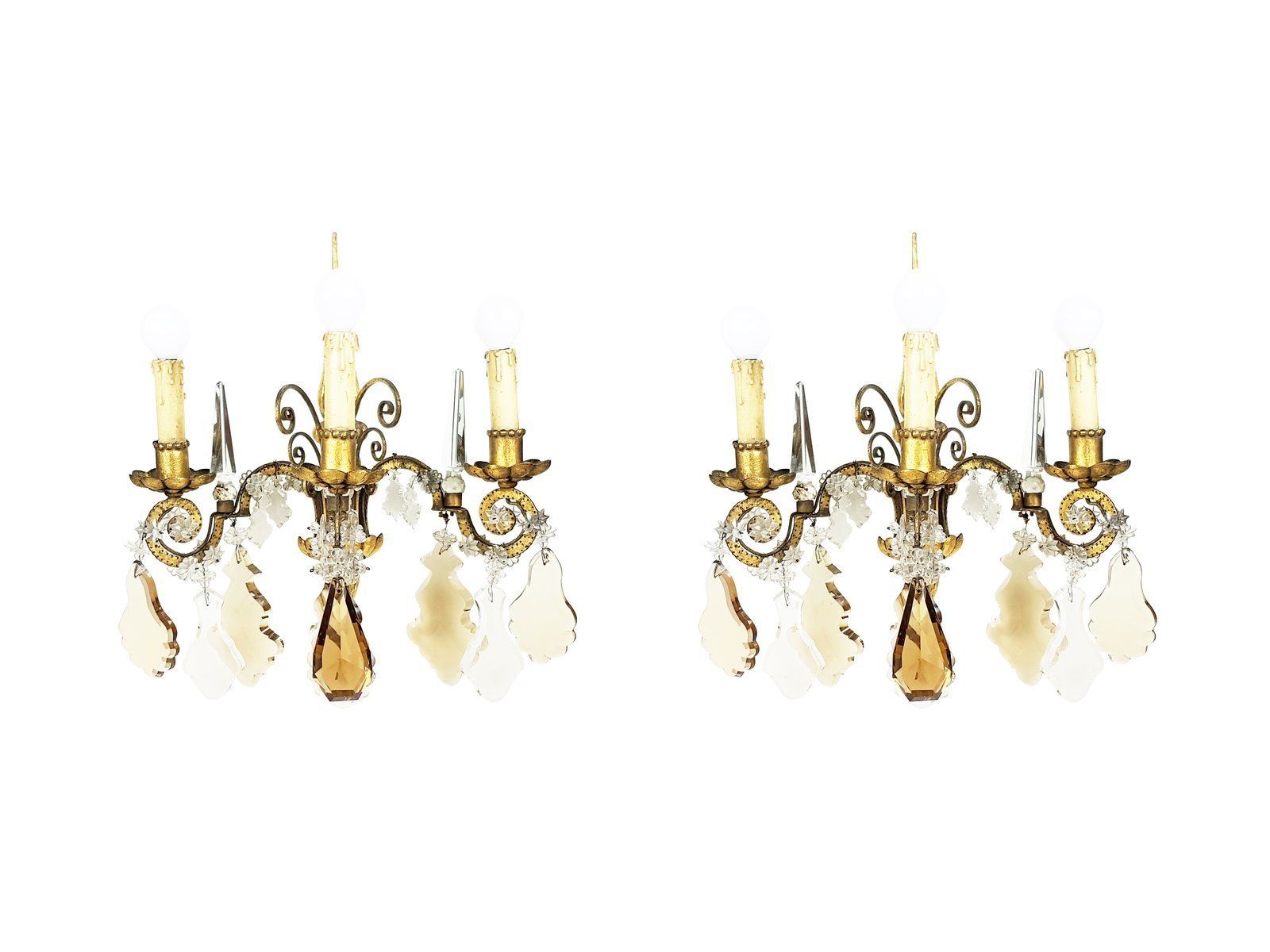 Italian Gold Leaf Metal And Faceted Crystal Sconces With Stars And Obelisks Decor photo for sale