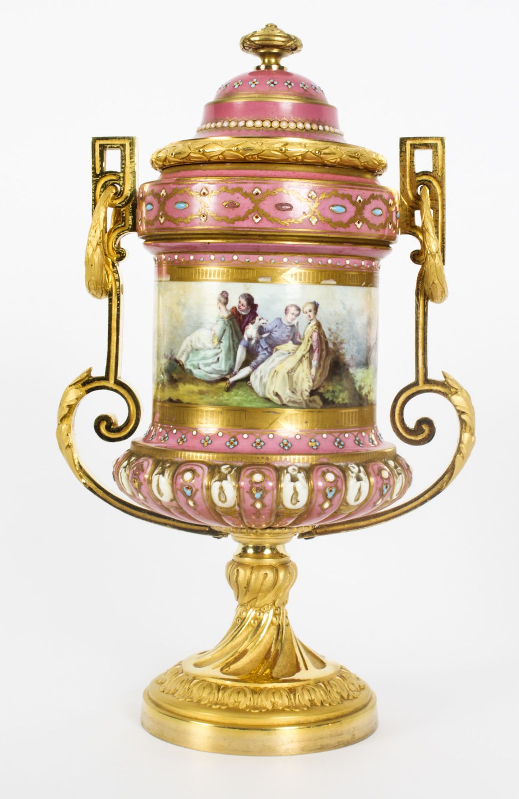 Antique Pair French Ormolu Mounted Pink Sevres Lidded Vases 19th C photo furniture