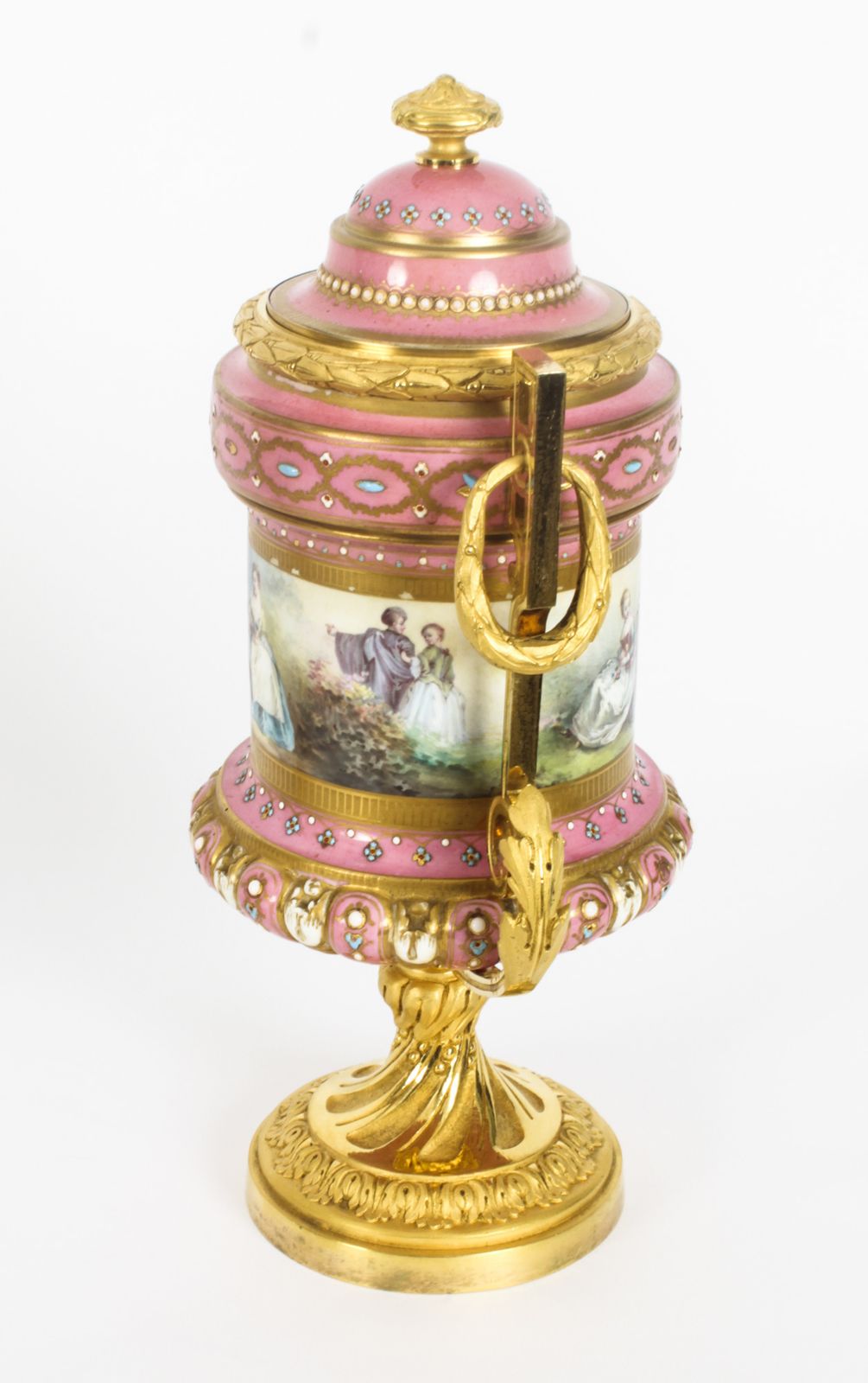 photo for sale Antique Pair French Ormolu Mounted Pink Sevres Lidded Vases 19th C